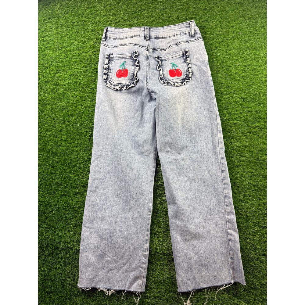 TENTHIRTY Jeans Women's 5 Y2K Baggy Wide Leg Cherry Ruffle Pockets Denim DM91150